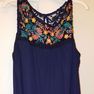 Navy dress with lace and applique accent